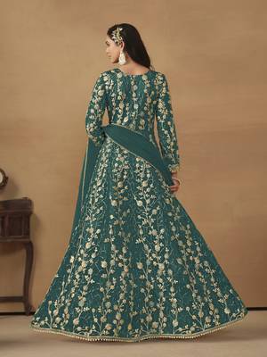Teal embroidered butterfly net semi stitched anarkali suit 3