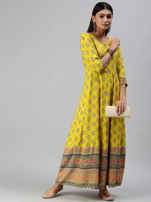 women's ankle length round neck yellow floral anarkali kurta 5
