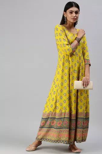 women's ankle length round neck yellow floral anarkali kurta