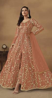 Orange embroidered butterfly net semi stitched anarkali suit 1