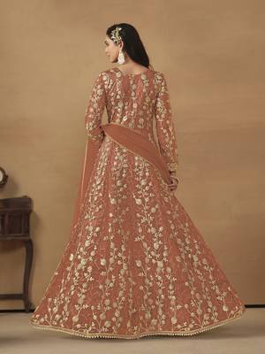 Orange embroidered butterfly net semi stitched anarkali suit 2