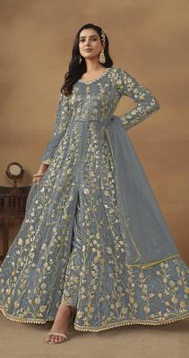 Grey embroidered butterfly net semi stitched anarkali suit 1