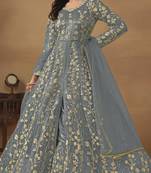 Grey embroidered butterfly net semi stitched anarkali suit