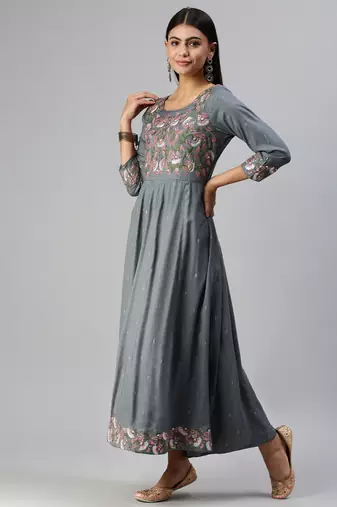 women's ankle length round neck blue floral anarkali kurta