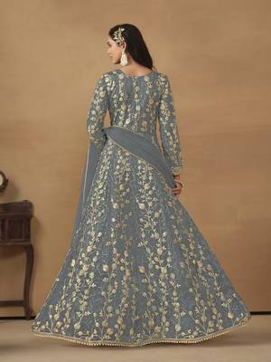 Grey embroidered butterfly net semi stitched anarkali suit 2