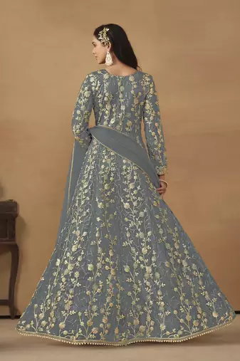 Grey embroidered butterfly net anarkali suit