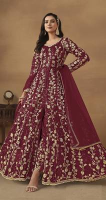 Wine embroidered butterfly net semi stitched anarkali suit 1