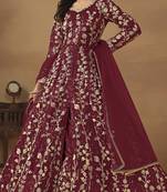 Wine embroidered butterfly net semi stitched anarkali suit