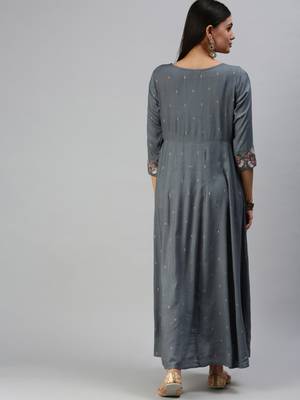 women's ankle length round neck blue floral anarkali kurta 3