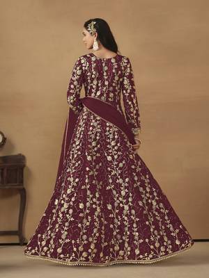 Wine embroidered butterfly net semi stitched anarkali suit 2