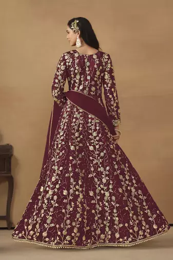Wine embroidered butterfly net anarkali suit