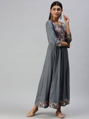 women's ankle length round neck blue floral anarkali kurta 4
