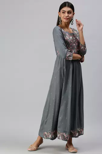 women's ankle length round neck blue floral anarkali kurta