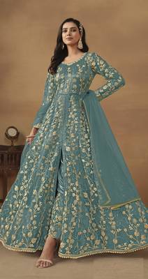 Sky blue embroidered butterfly net semi stitched anarkali suit 1