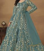 Sky blue embroidered butterfly net semi stitched anarkali suit