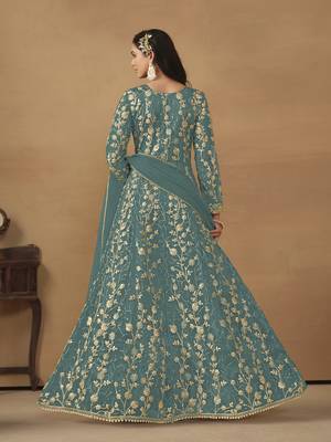 Sky blue embroidered butterfly net semi stitched anarkali suit 3