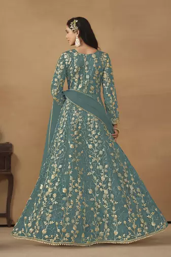 Sky blue embroidered butterfly net anarkali suit