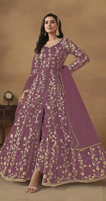 Lavender embroidered butterfly net semi stitched anarkali suit 1