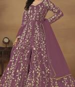 Lavender embroidered butterfly net semi stitched anarkali suit