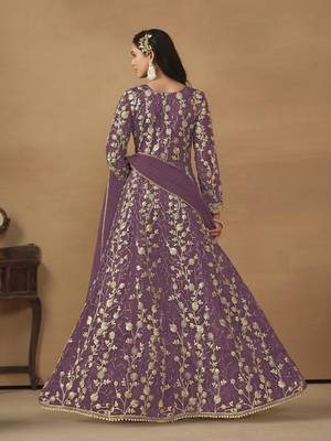 Lavender embroidered butterfly net semi stitched anarkali suit 3