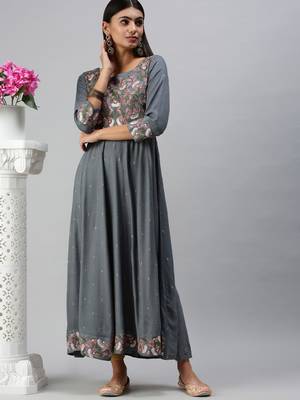 women's ankle length round neck blue floral anarkali kurta 5