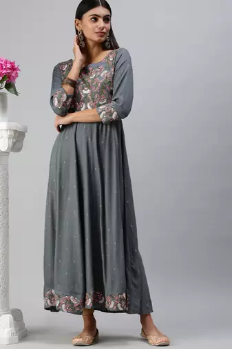 women's ankle length round neck blue floral anarkali kurta