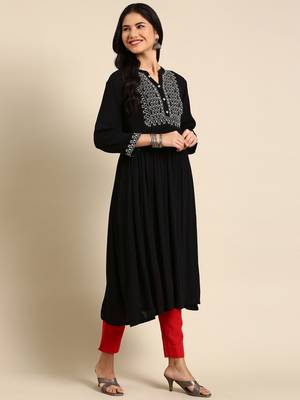 women's calf length round neck black solid anarkali kurta 4