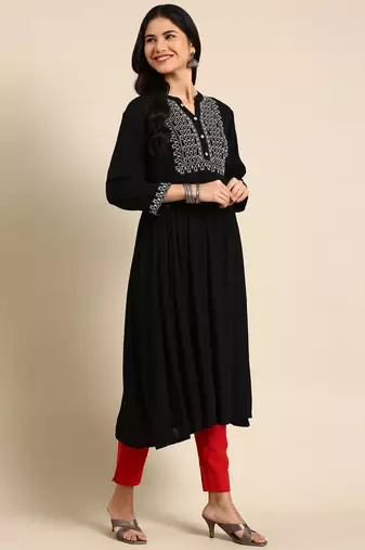 women's calf length round neck black solid anarkali kurta