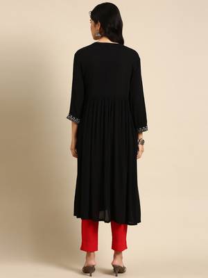 women's calf length round neck black solid anarkali kurta 5