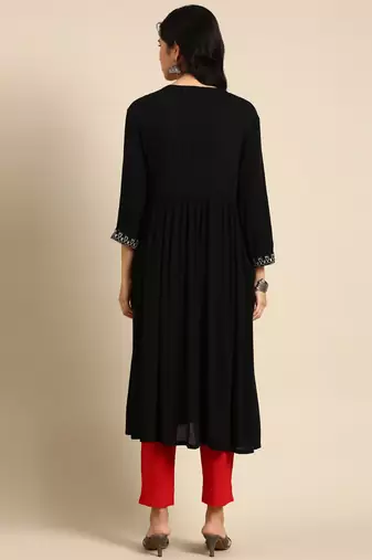 women's calf length round neck black solid anarkali kurta