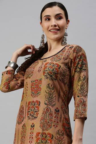 Showoff women's calf length round neck brown floral straight kurta