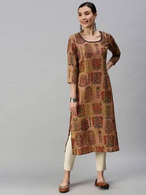 Showoff women's calf length round neck brown floral straight kurta 2