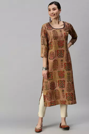 Showoff women's calf length round neck brown floral straight kurta