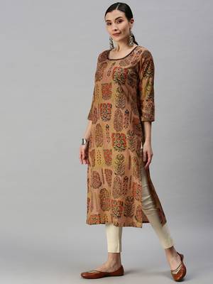 Showoff women's calf length round neck brown floral straight kurta 3