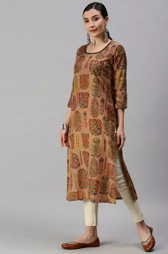 Showoff women's calf length round neck brown floral straight kurta
