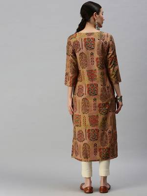 Showoff women's calf length round neck brown floral straight kurta 4