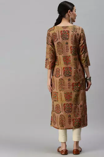 Showoff women's calf length round neck brown floral straight kurta