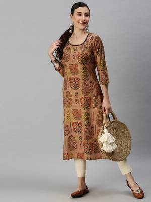 Showoff women's calf length round neck brown floral straight kurta 5