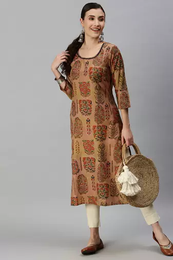 Showoff women's calf length round neck brown floral straight kurta