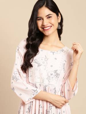 Showoff women's calf length round neck peach floral a-line kurta 1