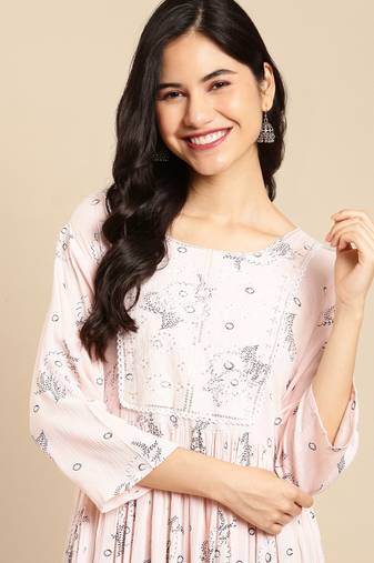 Showoff women's calf length round neck peach floral a-line kurta