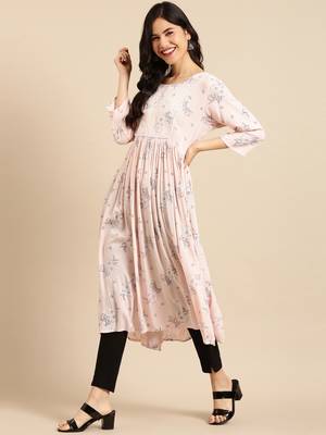 Showoff women's calf length round neck peach floral a-line kurta 2