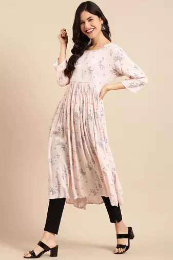 Showoff women's calf length round neck peach floral a-line kurta