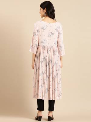 Showoff women's calf length round neck peach floral a-line kurta 3