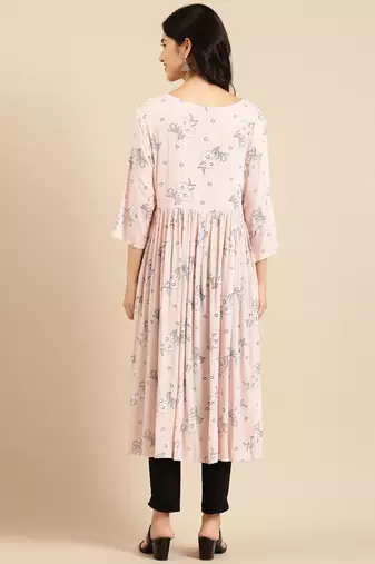 Showoff women's calf length round neck peach floral a-line kurta