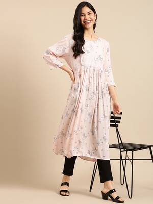 Showoff women's calf length round neck peach floral a-line kurta 4