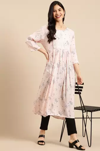 Showoff women's calf length round neck peach floral a-line kurta