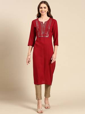 women's calf length scoop neck maroon embellished straight kurta 1