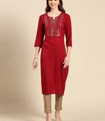 women's calf length scoop neck maroon embellished straight kurta