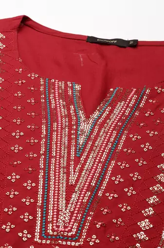 women's calf length scoop neck maroon embellished straight kurta